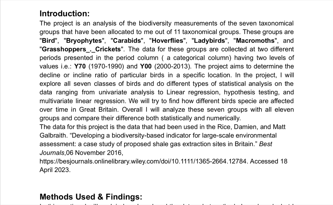 Biodiversity Measurement of Birds in UK