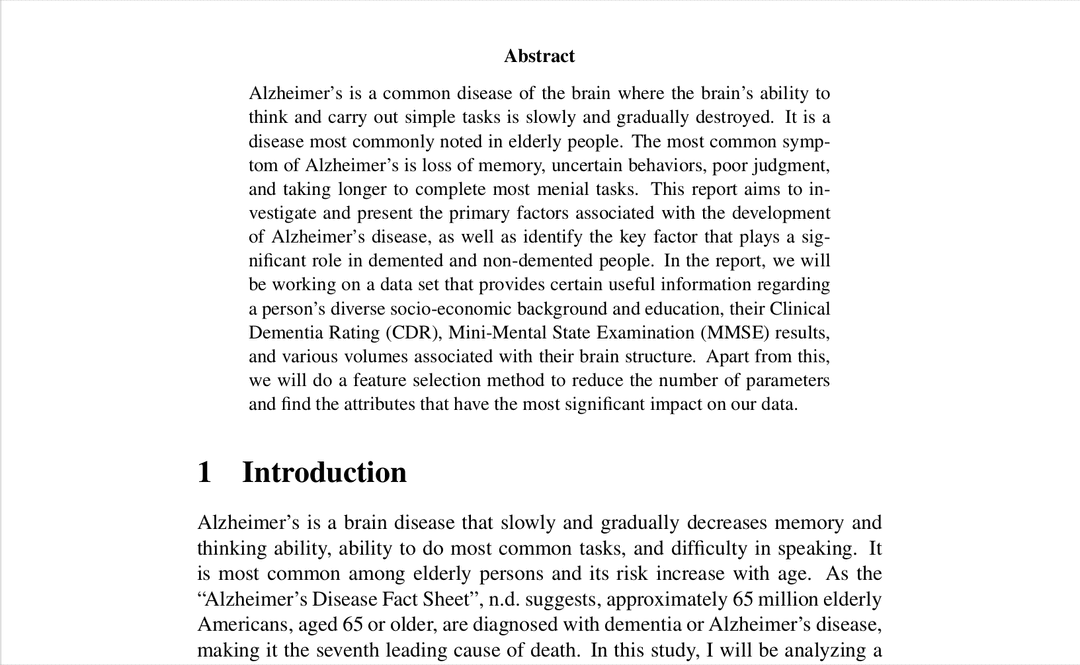 Predictive Analysis for Alzheimer's Disease